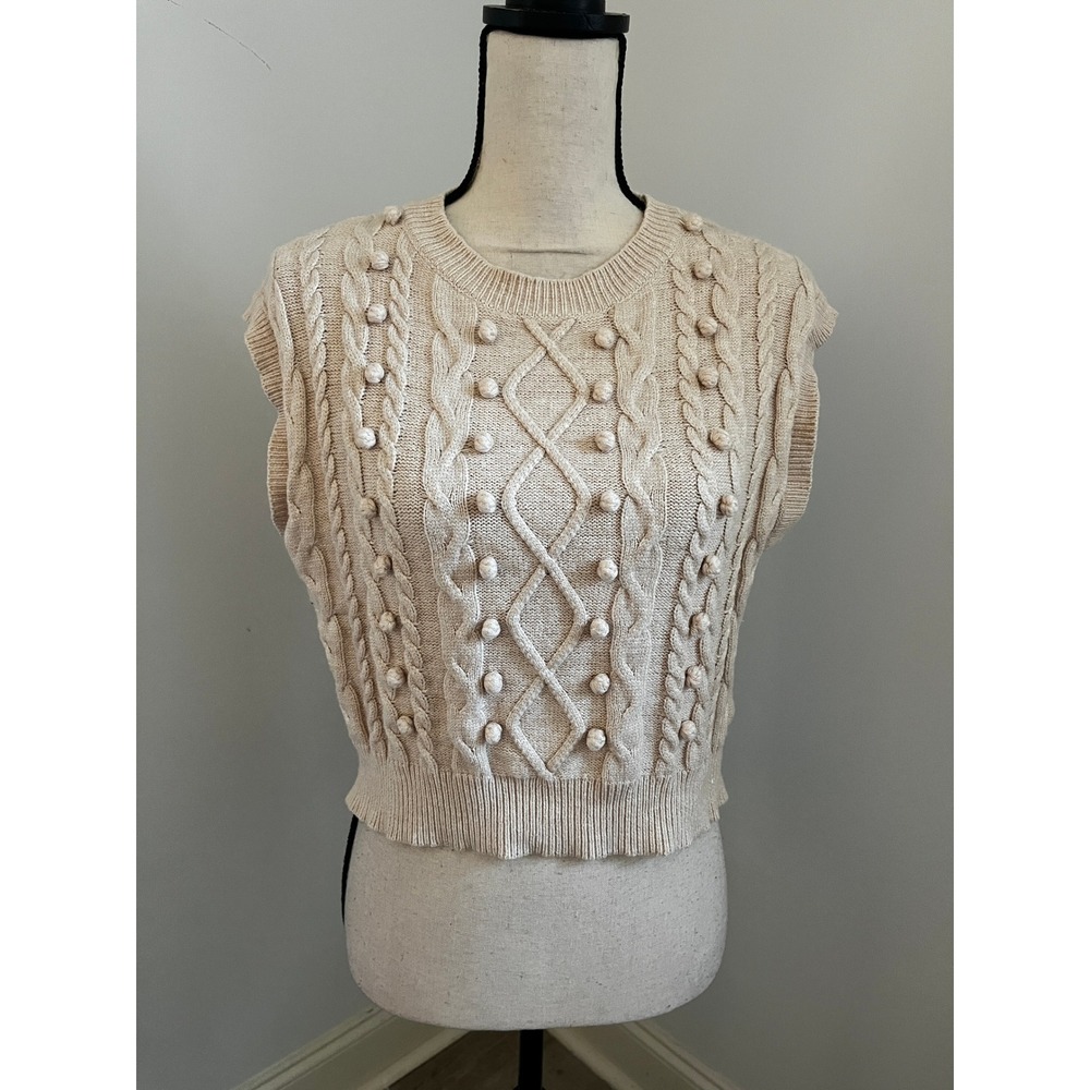 Beige Cable Knit Sweater Vest Small Pom Pom Bobble Grandmacore Preppy Boho Chic
